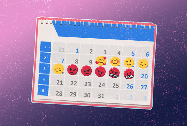 calendar with happy emojis on days getting angrier and angrier on purple gradient background