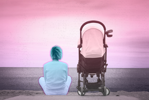 woman with blue tint sitting next to pink tinted stroller looking at the pink tinted sunset