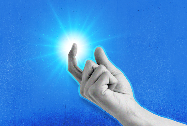 gray scale hand holds up curled index finger with light halo from it on bluebackground
