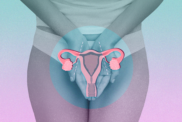 woman's pelvic region with hands covering it with pink uterus on pink and blue background