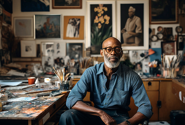 A man is sitting down at his art table posed with his arm resting on his knee.