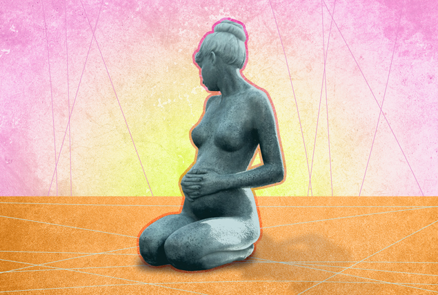 pregnant woman carved from stone kneeling and holding her belly on orange, yellow and pink background