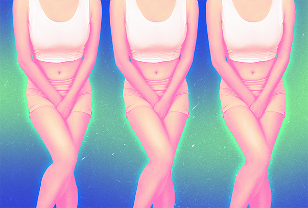 three women with pink tints crossing their legs in discomfort on green and blue gradient background