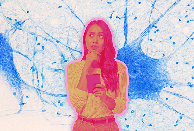 woman with redish tint hold phone and looks to the left in thought holding her chin on blue nerve cell background