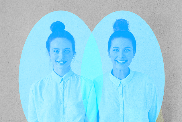 The same woman appears inside two blue oval shapes next to each other against a grey background.