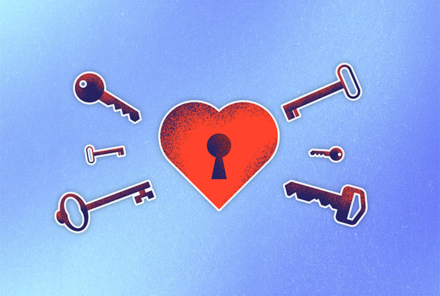 A heart with a keyhole in the center of it is surrounded by multiple types of keys.
