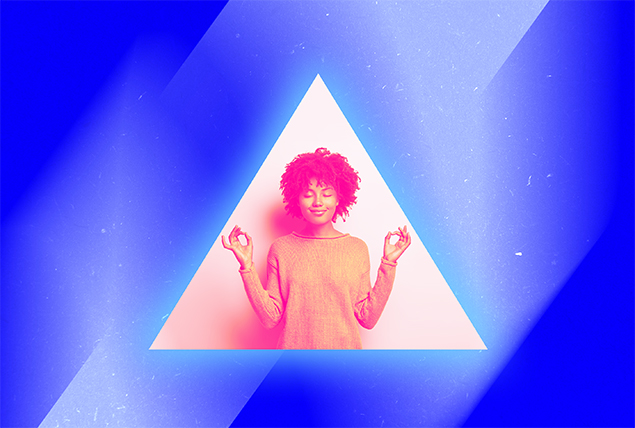 A woman stands with her eyes closed in the middle of a triangle against a blue background.