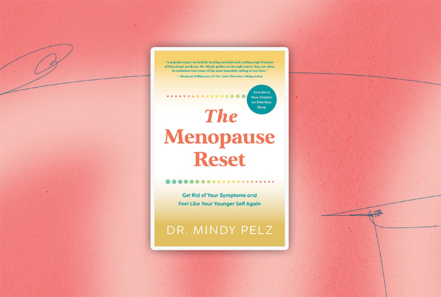 'Menopause Reset' book cover in tan and white on coral pink marbled background