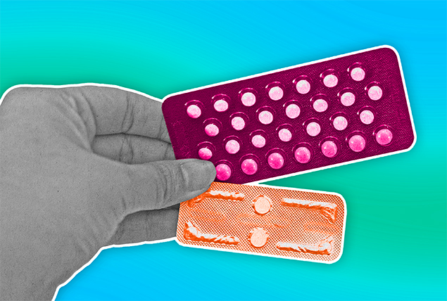 A grey hands a packet of purple birth control pills and a packet of orange emergency contraception.
