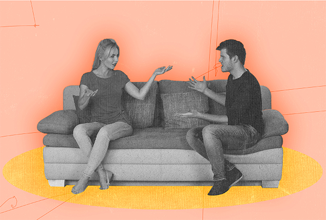grayscale man and woman sit on couch with arms open light they're fighting on pink and orange gradient background