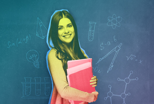 woman in her 30s with yellow tint holding pink books on blue chalkboard background with scientific pictures