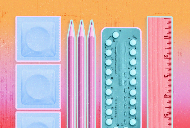 light blue condoms, pink pencils, ruler and mint green birth control pill package on pastel gradient background