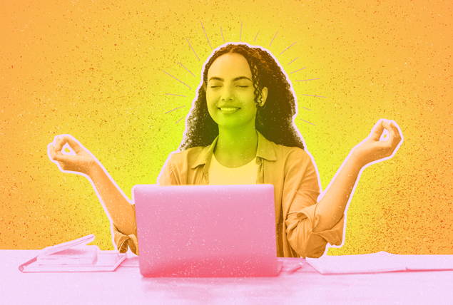 female college student looking happy in meditation pose with yellow sunburst tint sitting in front of pink laptop