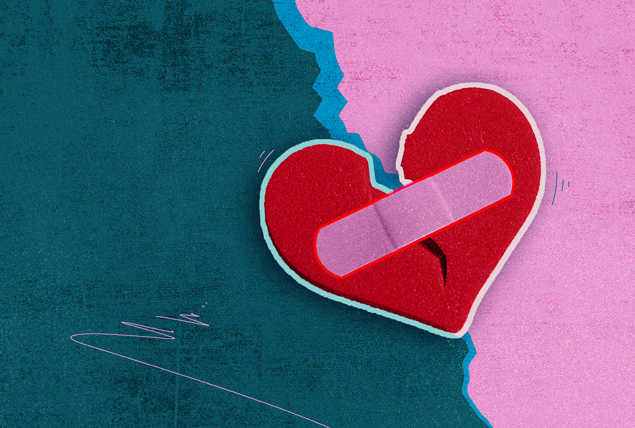 red broke heart with band aid covering it on ripped pink and teal background 