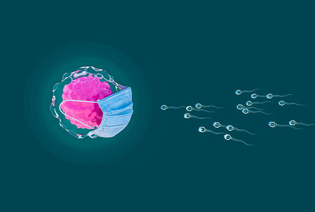 An embryo with a mask on is blocking sperm from reaching it.