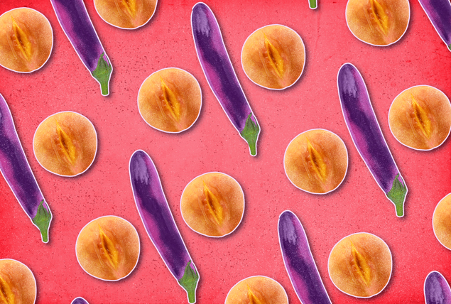 purple eggplants and orange peaches on coral pink background