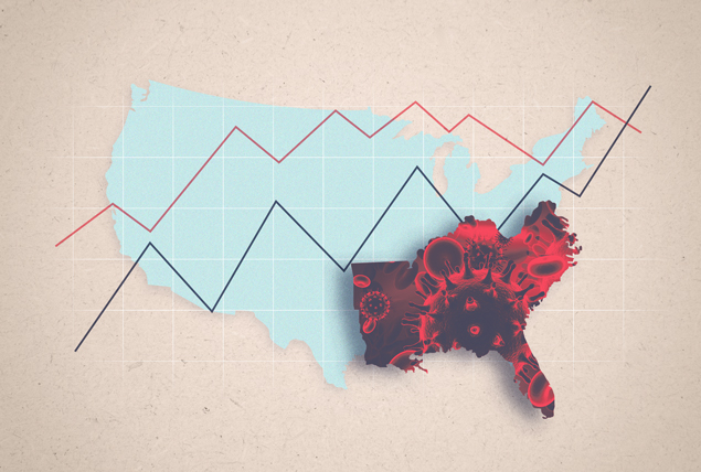 light blue map of US with Southeast highlighted with red AIDS virus pattern with line graphs increasing on beige background