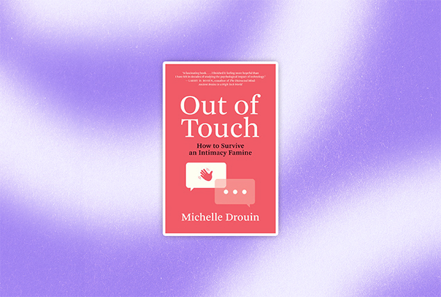 The book cover for Out of Touch is against a purple and white background.