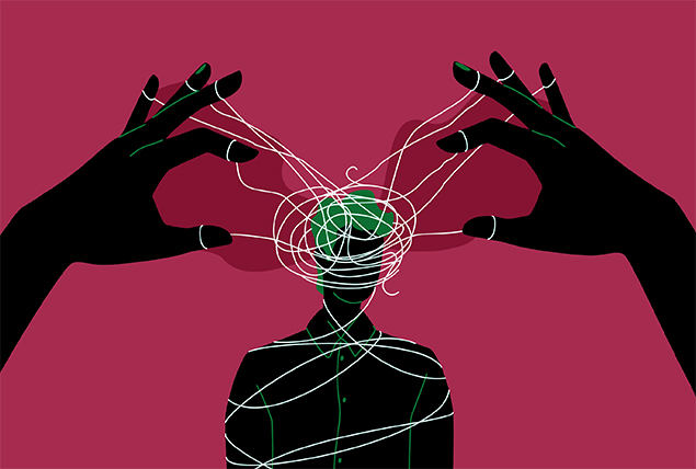 silhouette of person with green accents with white strings wrapping around their head connected to two black hands on maroon bcakground