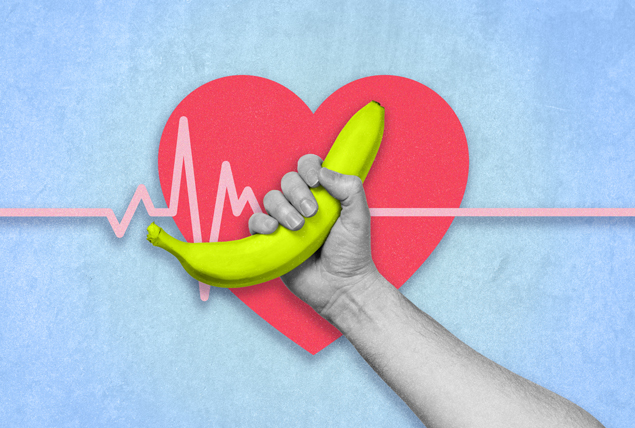 A hand clenches a banana over a red heart with a pulse line running through it.