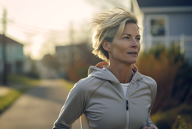 older woman jogging in gray sweatshirt at sunset