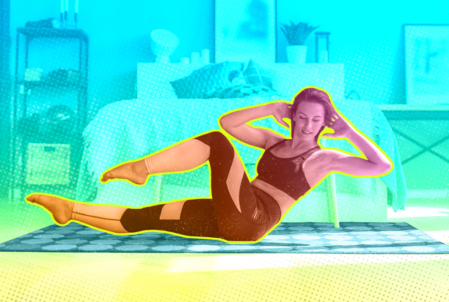 woman does twisting crunches on yoga mat in blue tinted bedroom