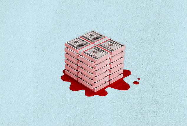 A stack of dollar bills sits on a pool of blood.