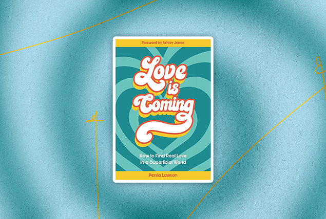 The cover of Love Is Coming by Persia Lawson is against a green swirl background.