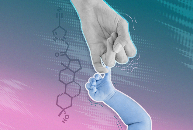 grayscale hand holds blue tinted baby hand on teal and pink gradient background with serotonin molecule 