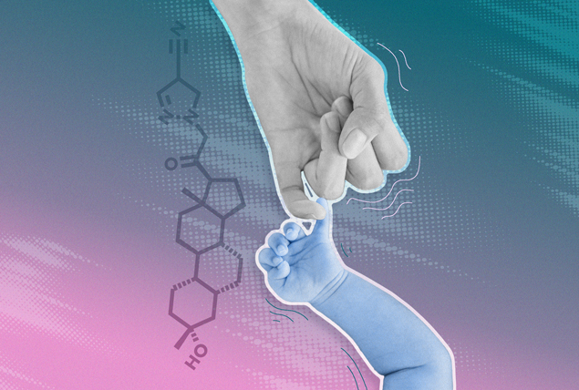 grayscale hand holds blue tinted baby hand on teal and pink gradient background with serotonin molecule