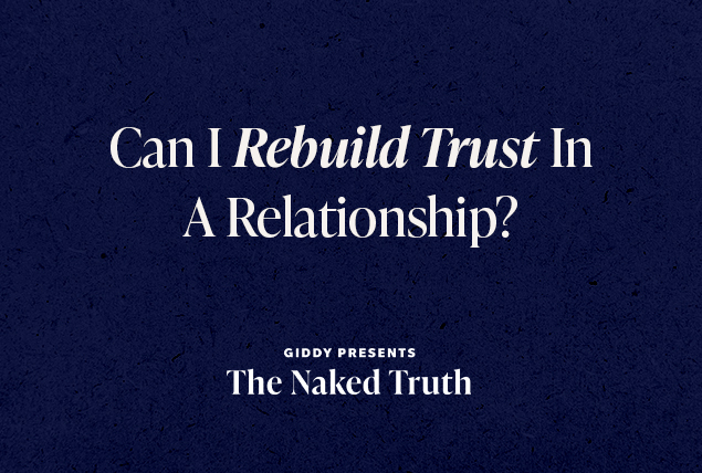 The question Can I Rebuild Trust In A Relationship is written in white against a dark blue background.