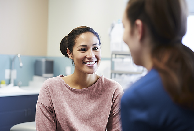woman in pink shirt sits in doctors office and smiles at doctor 
