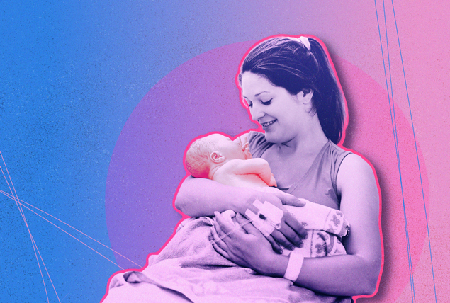 woman with link tint holding her baby after labor on blue and pink gradient background