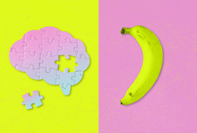 pink puzzle of human brain on yellow background and yellow banana on pink background
