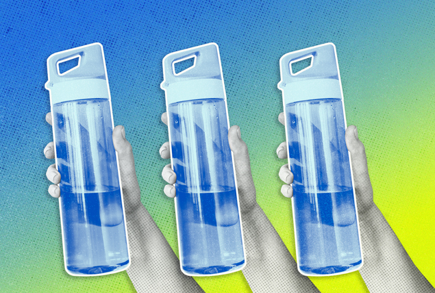 A row of hands hold up bottles of water against a blue and yellow gradient background.