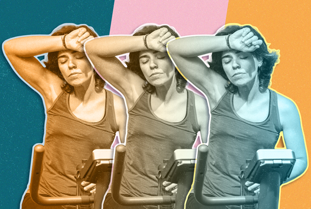 orange, gray and blue tinted women looking tired on ellipticals on teal, pink and orange background 