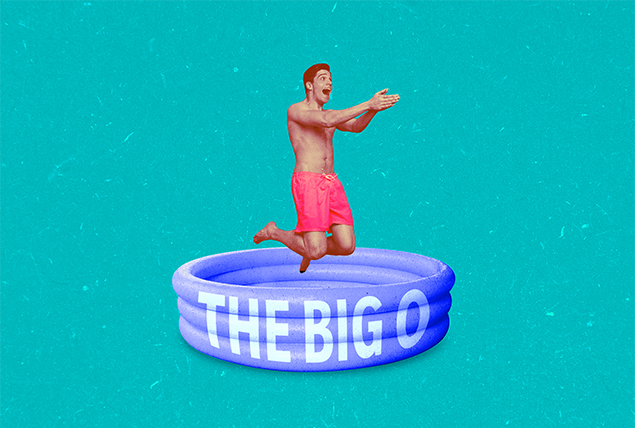 man in swim trunks jumping into a pool labeled "The big O" on teal background