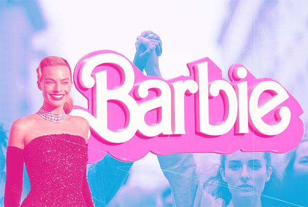 Margot Robbie with pink tint standing in front of pink Barbie logo with women protesting in the background