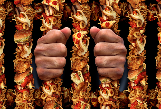 A pair of hands grip onto prison bars made up of food.