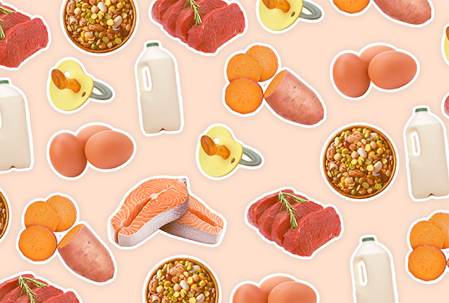 Various foods are patterned along a light orange background.