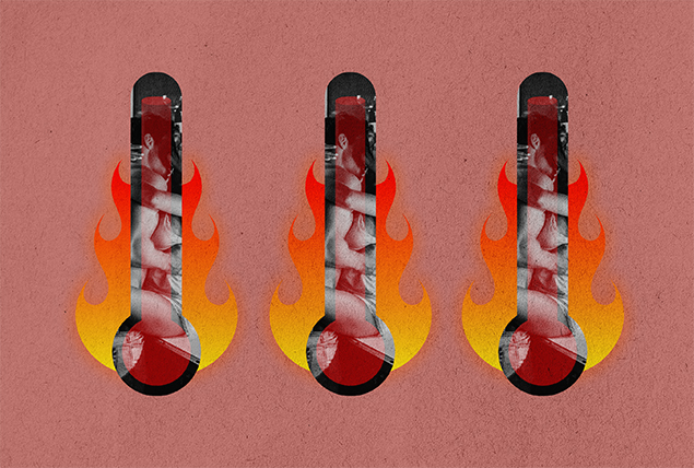 Three temperature vials layer over red and orange flames with a couple embracing in the center.