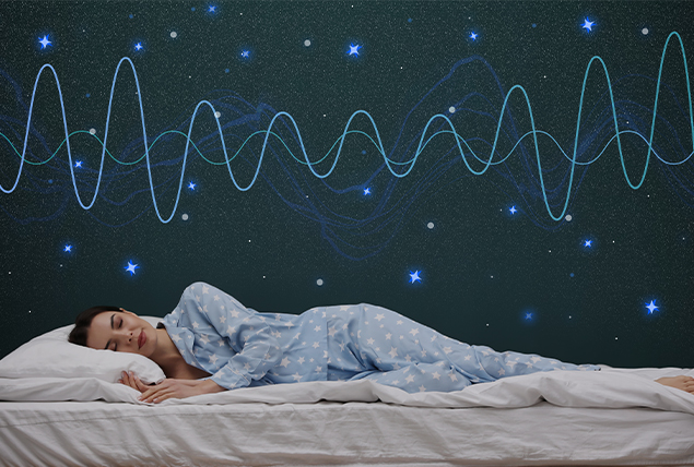 woman sleeping in bed with stars above her and brainwaves on the night sky