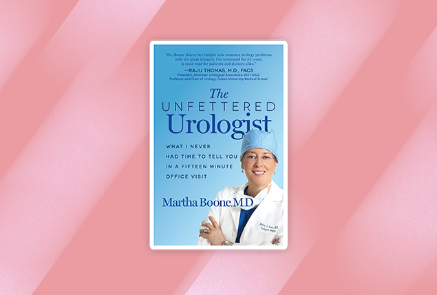 The book cover for The Unfettered Urologist is against a a pink striped background.
