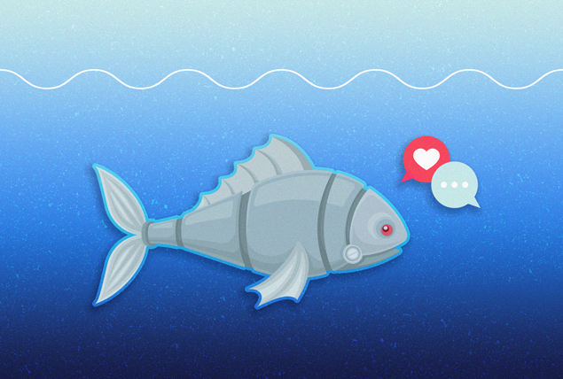 robot fish in blue water with red heart and text bubbles