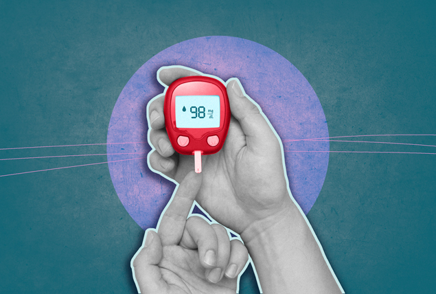 grayscale hands checking blood sugar with red lancing device on teal and purple background