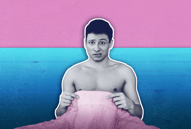 grayscale man with confused face sitting with pink blanket on blue and pink background