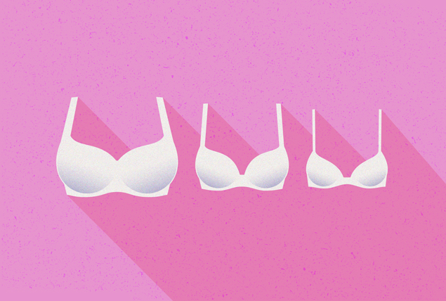three sizes of white bras on pink background