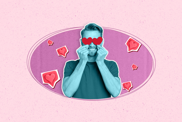 smiling man with teal tint holds red hearts over his eyes with text bubbles with red heart around him on pink background