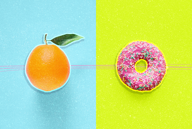 orange with leaf on blue background and pink frosting donut with lime green background