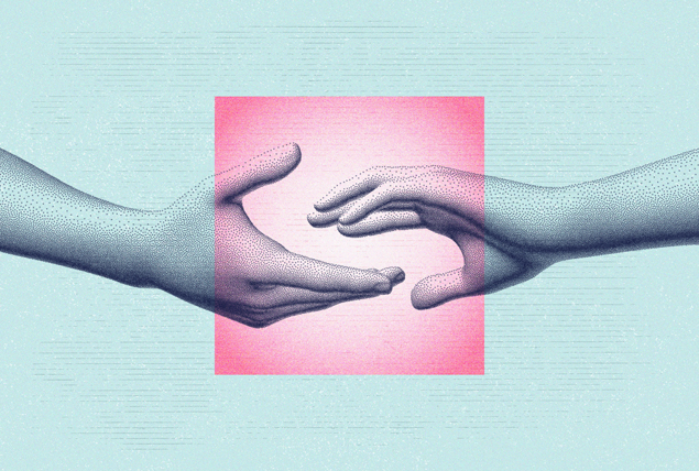 two grayscale hands reaching for each other in pink box on mint green background